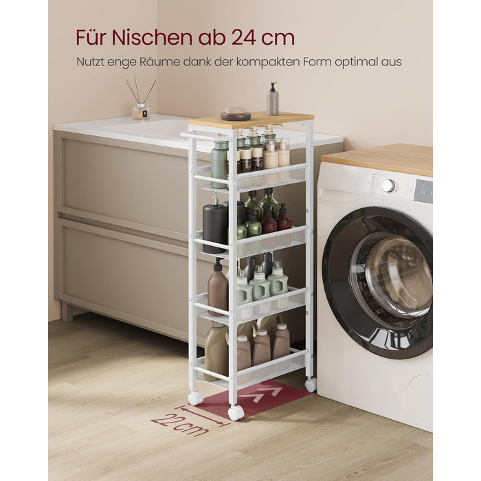 Ярусний візок на колесах, вузький кухонний візок, нішева полиця на колесах, сталь, ручка, для невеликих приміщень, 22 x 45,4 x 99,6 см, кухня, ванна кімната, вітальня, кабінет, дубово-білий LRC035W09 5 ярусів (22 x 45,4 x 99,6 см) дуб білий, 5-