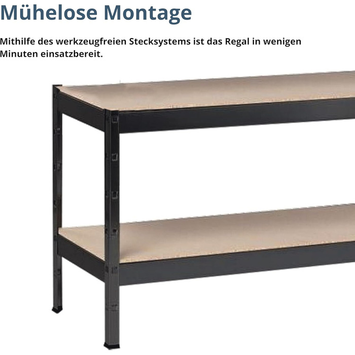 Стелаж SCHULTE Shelf World для важких умов експлуатації з 2 дерев&39яними полицями, 43x100x40 см (ВxШxГ), вантажопідйомність на полицю приблизно 150 кг, чорне текстуроване покриття, стелаж для зберігання, стелаж для підвалу, стелаж для майстерні, стелаж б