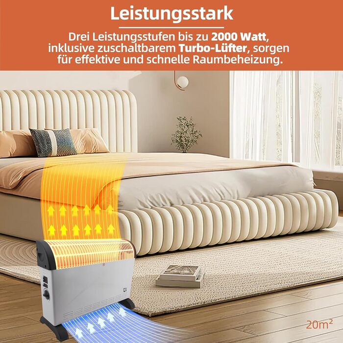 Конвекторний обігрівач SHX з турбовентилятором 2000 Вт SHX08TKV2000 радіатор 2000 Вт, запобіжний термостат, 3 рівні потужності, захист від перегріву, низький рівень шуму, білий