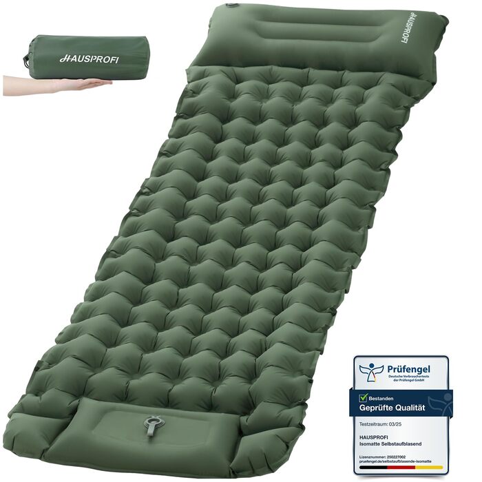 Килимок для сну HAUSPROFI, надлегкий надувний матрац для кемпінгу з ножним насосом та подушкою, надувний матрац, компактний та легкий, килимок для кемпінгу для походів, пляжу, використання на свіжому повітрі, армійський зелений
