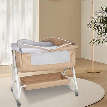 Дитяче ліжечко OHMG Side-by-Side, дитяче ліжко, дитяча колиска, дитяче ліжко 3 в 1 для новонароджених, ліжко-гойдалка для дому та подорожей з колесами, регульована висота 6 рівнів (95 * 50 * 98-110 см (бежево-білий)) 95*50*98-110 см (бежево-білий)