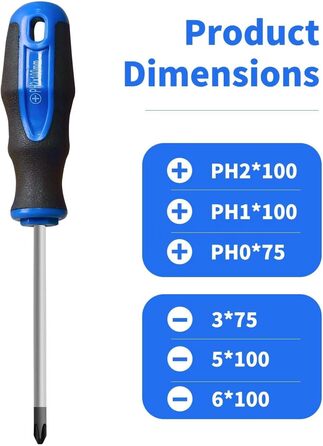 Набір викруток ROTATION 6 предметів з магнітними наконечниками 3 хрестові та 3 плоскі викрутки, професійна ручка-подушка 6-частинний набір ручного інструменту, синій