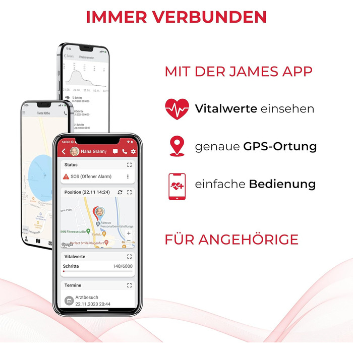 Годинник James B8 для екстрених випадків та безпеки для людей похилого віку GPS, виявлення падіння, кнопка SOS, монітор серцевого ритму, функції для здоров&39я, сімейний додаток, гучний будильник чорний/білий вкл. SIM-картку та 2 місяці безкоштовного тари