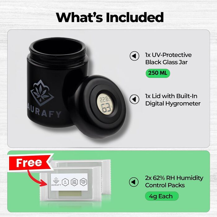 Банка-сховище з кришкою-гігрометром скло, що витримує ультрафіолетове випромінювання, герметичне та стійке до запахів, для зберігання трав і спецій У комплекті 2 пакети з двостороннім контролем вологості 62 відносної вологості (250 мл)