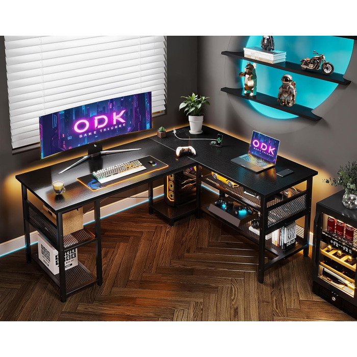 Ігровий стіл ODK, двосторонній ігровий стіл 150102 см з 2 розетками та 2 портами зарядки USB, кутовий стіл з максимальною організацією та місцем для зберігання, чорний 150102 см чорний