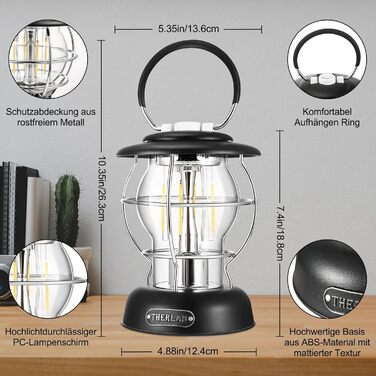 Ліхтар для кемпінгу, ретро-ліхтар для кемпінгу, (320 лм, IP44, 5000 мАг, до 180 годин) 3 рівні яскравості, плавне затемнення, акумуляторний ліхтар для кемпінгу, зовнішній світлодіодний ліхтар для кемпінгу RCL0002