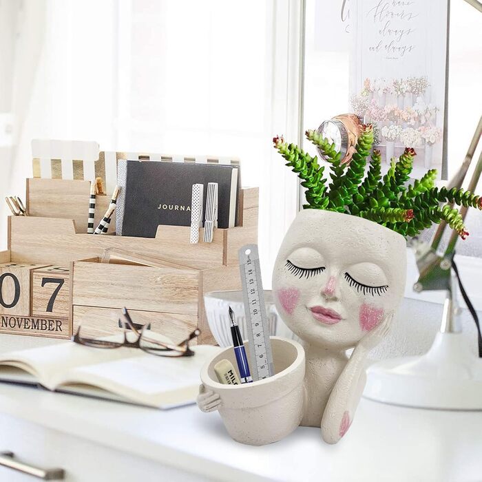 Горщик для рослин на обличчі - Подвійні квіткові горщики для кімнатних і вуличних рослин, кашпо з смоляної головки з дренажним отвором, милі горщики для рослин у формі жіночого обличчя, садові прикраси, середній розмір, ніжні накладки на обличчя