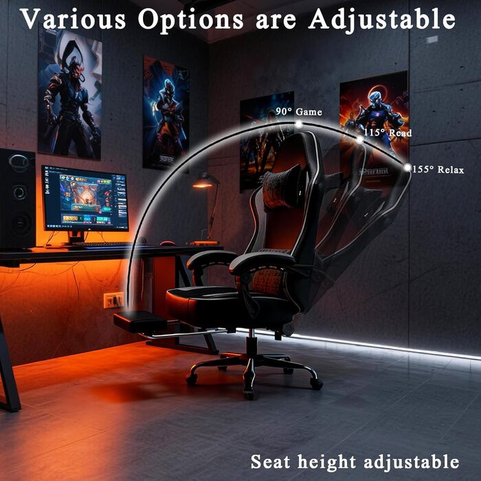 Геймерське крісло вантажопідйомністю 150 кг, офісне крісло з підставкою для ніг, геймерське крісло з регульованою поперековою опорою, геймерське крісло зі штучної шкіри, дитяче геймерське крісло з регульованою висотою, класична сіра модель
