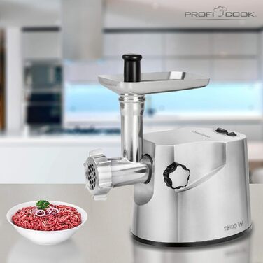 Електрична м'ясорубка Profi Cook PC-FW 1172, 1800 Вт, для м'яса, ковбас та печива, 2 кг/хв, з насадками для ковбас, кеббе та 3 сталевими дисками, нержавіюча сталь, срібляста