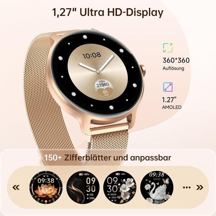 Жіночий круглий смарт-годинник, 1,27-дюймовий AMOLED-смарт-годинник з функцією телефону, фітнес-годинник з монітором серцевого ритму, монітором SpO2, монітором сну, крокоміром, 120 спортивних режимів, водонепроникність IP68, сумісний з iOS та Android, зол