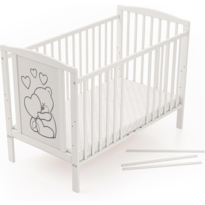 Звичайне дитяче ліжко, дитяче ліжко, ліжко для малюків Timmi з матрацом, виготовлене з масиву дерева, 3 положення регулювання висоти, 60x120 см, біле