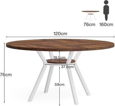 Круглий обідній стіл Tribesigns для 4 осіб, круглий обідній стіл 120 см з металевою основою, кухонний стіл з полицею для зберігання для дому, їдальні, вітальні, білий (коричневий)