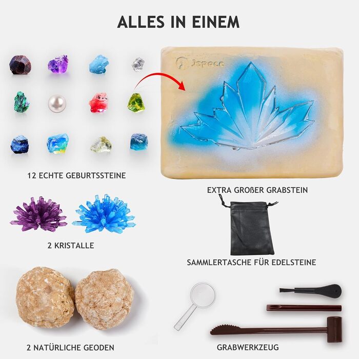 Дитячий набір для розкопок Japace, наукова іграшка STEM для копання дорогоцінного каміння, набір для розбиття геод, набір для вирощування кристалів, подарунки для хлопчиків та дівчаток, гірничий молоток