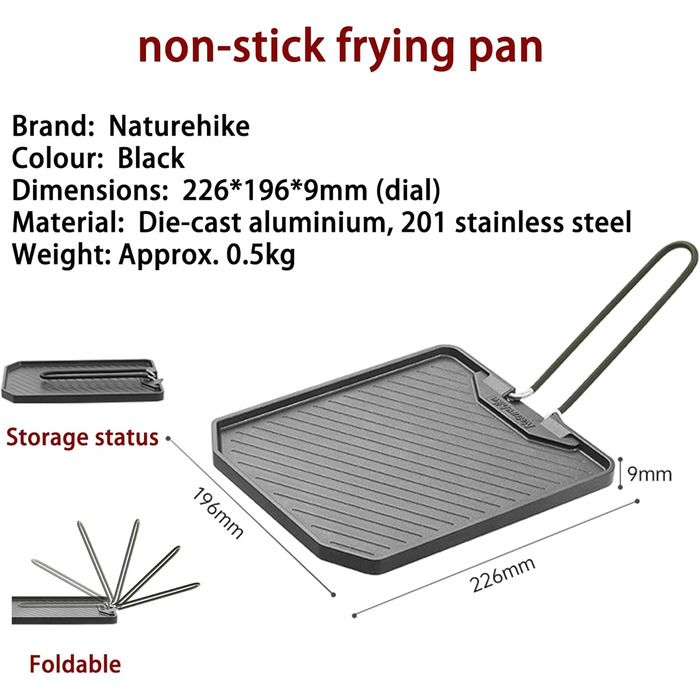 Сковорода з антипригарним покриттям Naturehike, складна ручка, сковорода-гриль для вулиці, алюмінієва сковорода для стейків, портативна та легка (0,5 кг), легко миється, підходить для кемпінгу та походів