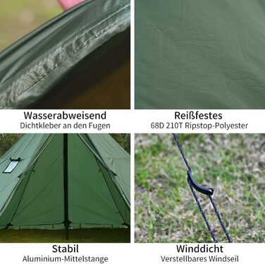 Намет-тіпі з отвором для плити та снігозахисною спідницею, водонепроникний намет-тіпі на 4 особи для сімейного кемпінгу, пірамідальний намет на 4 сезони для походів, активного відпочинку, трекінгу, полювання, риболовлі, зелений