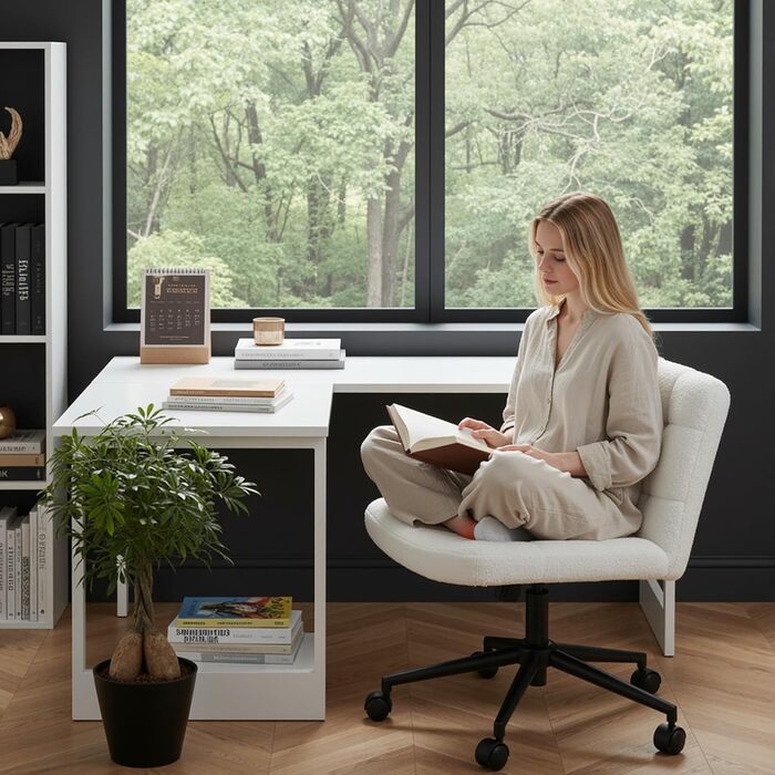 Офісне крісло Clevich без підлокітників, широке крісло з перехресним розташуванням сидіння, ергономічне крісло з регульованою висотою для домашнього офісу, кабінету, макіяжу, спальні (шерпа, білий)