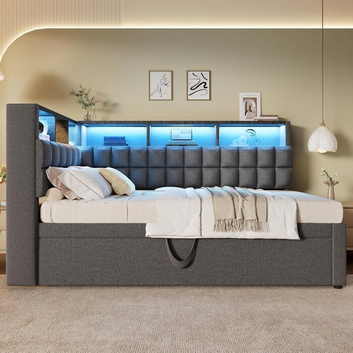 Кушетка 90x200 з висувним ліжком 90x190, диван-ліжко зі світлодіодним підсвічуванням, USB та Bluetooth, висувне ліжко-кушетка з рейковою основою, гостьове ліжко, без матраца, сірий, сірий F 90x200