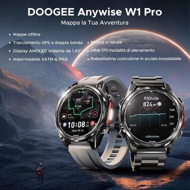 Розумний годинник DOOGEE Anywise W1 Pro для чоловіків, дводіапазонний GPS та офлайн-карти, водонепроникність 5 атм, 12 днів роботи від акумулятора, 1,43-дюймовий AMOLED HD, понад 170 спортивних режимів, Bluetooth-дзвінки, сумісний з Android/iOS, 2 чорних 