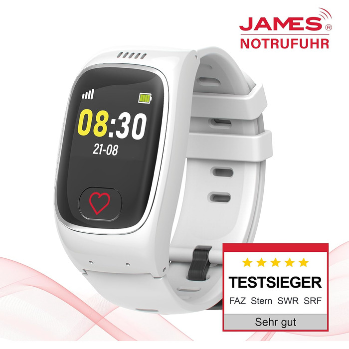 Годинник James B8 для екстрених випадків та безпеки для людей похилого віку GPS, виявлення падіння, кнопка SOS, монітор серцевого ритму, функції для здоров&39я, сімейний додаток, гучний будильник чорний/білий вкл. SIM-картку та 2 місяці безкоштовного тари