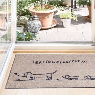 Килимок для дверей Salonloewe, що миється, 50x75 см, Hereingedackelt Family Beige, з мотивом сімейної такси, брудозбірний килимок, килимок для очищення, килимок для дверей для собак 50 x 75 см (прямокутний), бежевий
