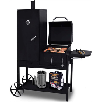Syntrox Smoker Klavor з коптильнею, грилем барбекю, грилем на вугіллі. Гриль коптильні, сталь, листова сталь з вогнезахисним лаком, камера гриля і коптильня, дерев'яні ручки, дверцята з золи із засувкою