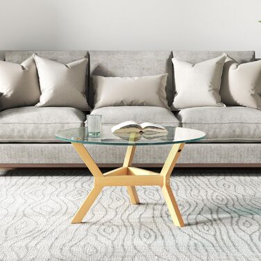 Журнальний столик HOMCOM із загартованого скла, стіл для вітальні з регульованими подушками для ніг та сталевим каркасом, круглий бічний столик для вітальні, прозорий, Ø80 x 45 см