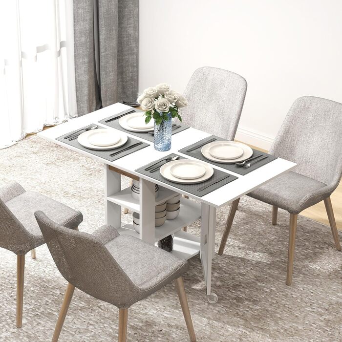 Розкладний обідній стіл HOMCOM, розкладний кухонний стіл, на колесах, з 2 висувними панелями та 3 полицями, сучасний дизайн, кухонний стіл для невеликих приміщень, 120 x 60 x 75 см, білий