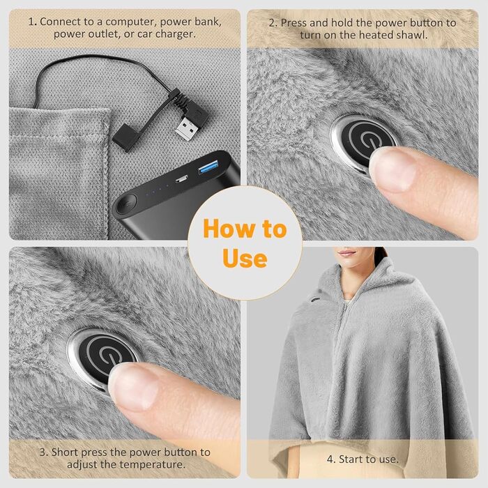 Бездротова електрична ковдра з 8-зонним обігрівом, 3 режими нагріву, подовжувач 1,5 м, хутро кролика, можна прати, електрична ковдра, яку можна носити, для дивана, офісу, автомобіля, кемпінгу, сіра
