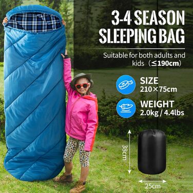 Спальний мішок Bessport 3-4 сезони - Фланелевий спальний мішок Зима, Тепла ковдра для активного відпочинку на свіжому повітрі, Невеликий розмір упаковки, Надлегкий, Водонепроникний для кемпінгу, подорожей, походів, для дорослих, Синій
