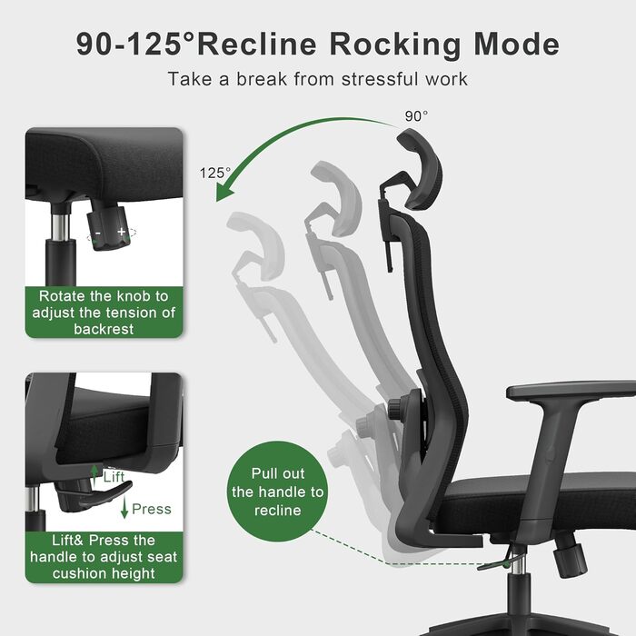 Ергономічне офісне крісло CALIYO Sammy, робоче крісло з регульованим підголівником, підлокітниками, поперековою опорою та функцією гойдання повітропроникне сітчасте поворотне крісло, ігрове крісло, офісне крісло 150 кг, чорне Sammy (чорне)
