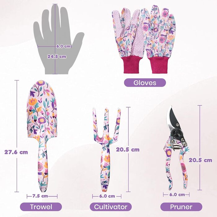 Подарунковий набір садових інструментів для жінок Velway - 5 предметів, з рукавичками та подарунковою коробкою. Квітковий принт, металеві інструменти. Ідеальний подарунок для садівниць, мам, на День Матері, Різдво або День народження.