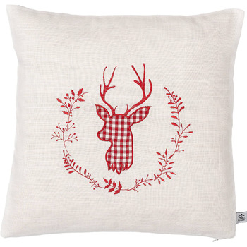 Бежева соснова подушка з вишивкою оленя, розмір 40х40 см, наповнена сосновою стружкою зі швейцарської сосни (червоного кольору)