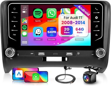 Автомагнітола Hodozzy 2G64G Android для Audi TT MK2 8J 2008-2014 з бездротовим Carplay Android Auto, 7-дюймовий сенсорний екран, 2 Din з навігацією, GPS, WiFi, Bluetooth, EQ/DSP, FM/RDS, радіо з камерою заднього виду