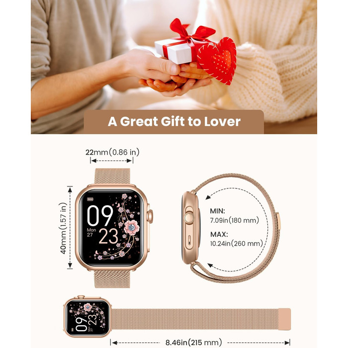 Жіночий смарт-годинник Sanorum з акумулятором 1000 мАг, фітнес-годинник AMOLED 1,85 дюйма з функцією телефону/водонепроникність 5 атм/120 спортивних режимів/пульс/SpO2/кров&39яний тиск, смарт-годинник для Android та iOS, рожеве золото