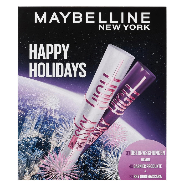 Різдвяний календар Maybelline New York на 2025 рік із 31 дверима на весь грудень, 26 повнорозмірними продуктами та 5 подарунками, включаючи 2 туші Sky High Mascara 4 продукти Garnier Skincare.
