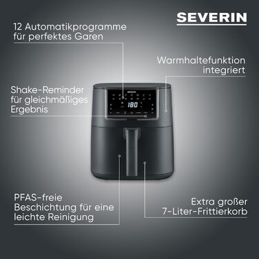 Аерофритюрниця Severin FryLight FR 2462 Single XXL, 7 л, 11 автопрограм, сенсорний дисплей, функція пам'яті та підігріву, антипригарне покриття, 1700 Вт, чорна
