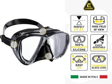 Набір для підводного плавання Cressi Big Eyes Seal Dry Snorkel Set для дорослих, преміальна маска для дайвінгу з панорамним видом, силіконове ущільнення, запатентовані лінзи для огляду вниз та суха трубка для легкого дихання, один розмір, чорний/чорний