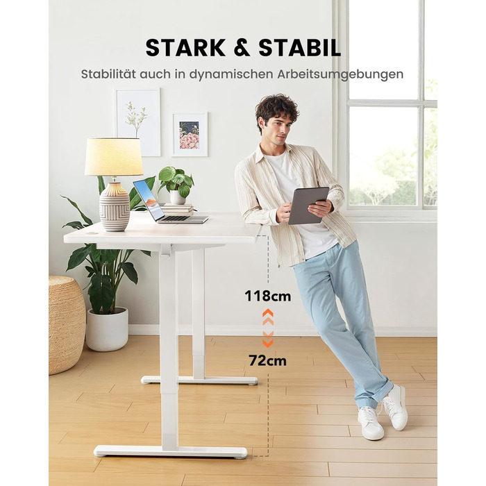 Стіл ErGear з регулюванням висоти - 160 x 80 см, вантажопідйомність 100 кг, електричний стіл з удосконаленим безщітковим двигуном, тиха робота, міцний металевий каркас, чотирисекційна стільниця 160 x 80 см, білий колір