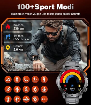 Чоловічий військовий смарт-годинник - акумулятор 1000 мАг/великий HD-дисплей 1,75 дюйма, смарт-годинник з ліхтариком/дзвінками через Bluetooth/130 спортивних режимів, водонепроникний фітнес-годинник IP68 з монітором серцевого ритму/сну, для Android iOS EF