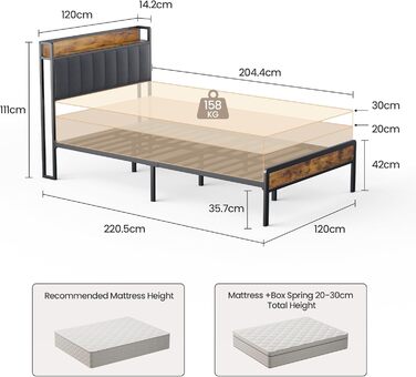 Каркас ліжка Bealife з металевою рейковою основою, односпальне ліжко з лляним покривалом, ліжко з м&39яким узголів&39ям та місцем для зберігання речей (120 x 200 см, темно-сірий колір)
