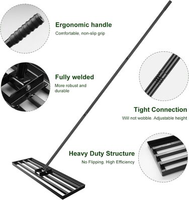 Гребінь-рівняльник для газону 75x25 см з регульованою ручкою (213 см) та антиковзким покриттям, міцний інструмент для вирівнювання газону. Ідеально підходить для саду та подвір'я, чорний колір.