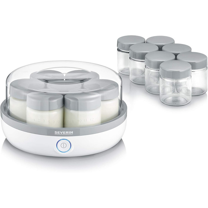 Йогуртниця SEVERIN, йогуртова машина з дисплеєм часу для приготування домашнього та веганського йогурту, містить 14 баночок для йогурту зі скляною кришкою, без BPA, JG 3520 з кнопкою