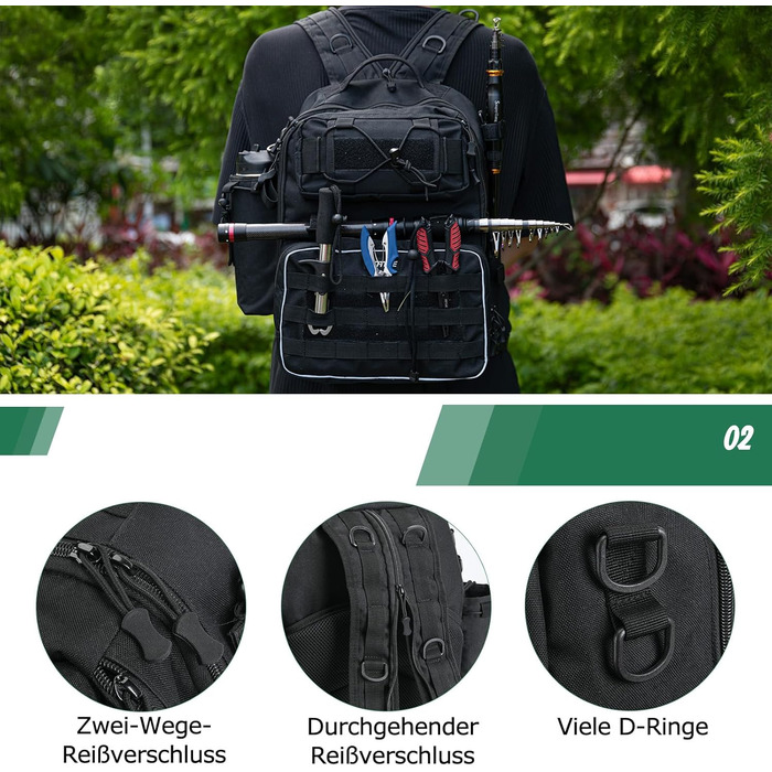 Рюкзак для рибалки Goture, рюкзак для рибальських снастей із тримачем для вудки, сумка для спорядження для морської риболовлі, сумка через плече для вулиці, чорно-чорна (збільшена версія)