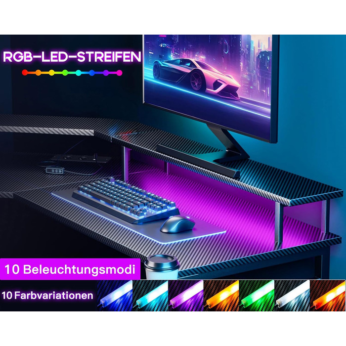 Ігровий стіл ODK 129x129 см, ігровий стіл зі світлодіодом, ігровий стіл для ПК з 2 розетками та 2 портами для зарядки USB, комп'ют