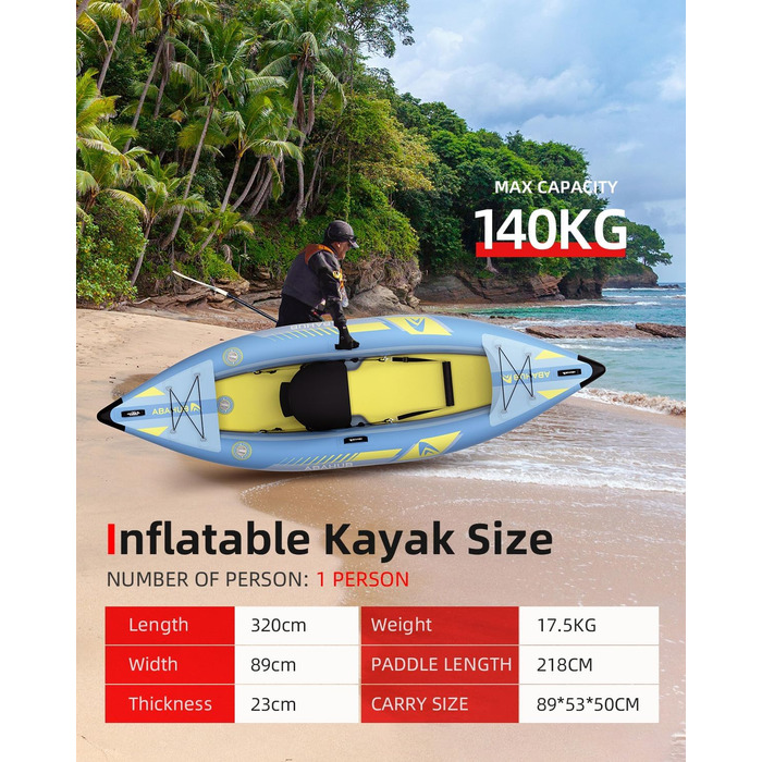 Надувний каяк Abahub 320 см/420 см з веслом для каяка, сидінням для каяка, підставкою для ніг, ручним насосом та сумкою для каякінгу, каное, надувний човен 1/2 сидіння 320/420x89x23 см світло-блакитний 1 сидіння 320 см