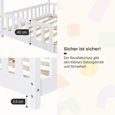 Дитяче ліжко Hesel, домашнє ліжко, біле, 90 x 200 см, із захистом від падіння та рейковою основою, підлогове ліжко Монтессорі, дитяче ліжко, дерев&39яне ліжко