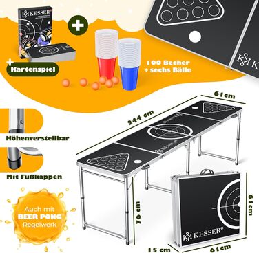 Набір столів для пивного понгу KESSER з картковою грою, питною грою - вкл. 100 стаканчиків (50 червоних та 50 синіх), 6 м&39ячів книга правил. Стіл для вечірок з регульованою висотою, складний, класичний карткова гра.