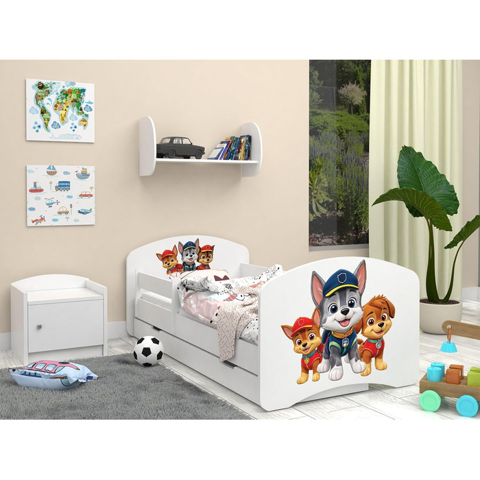 Дитяче ліжко Happy Babies із захистом від падіння для хлопчиків, 160x80 см, для дитячих кімнат з шухлядою, матрац, односпальне ліжко для дітей, біле, синє, з мотивом собаки