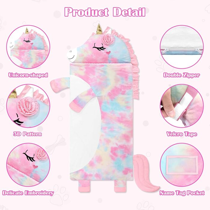 Дитячий спальний мішок зі знімною подушкою, теплий та пухнастий дизайн у формі слона, подвійна блискавка для дівчаток та хлопчиків, складний великий спальний мішок-ковдра для кемпінгу в приміщенні та на свіжому повітрі, єдиноріг 170x70 см