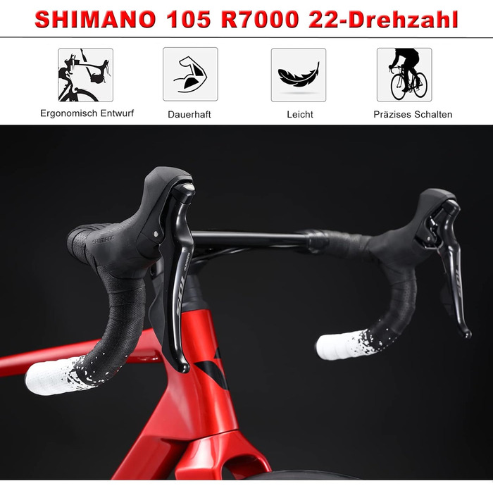 Шосейний/гравійний велосипед 28 дюймів з карбоновою рамою та вилкою, дисковими гальмами Shimano 22 швидкості, карбоновим кермом та підсідельним штирем для чоловіків та жінок, червоний, 53 см